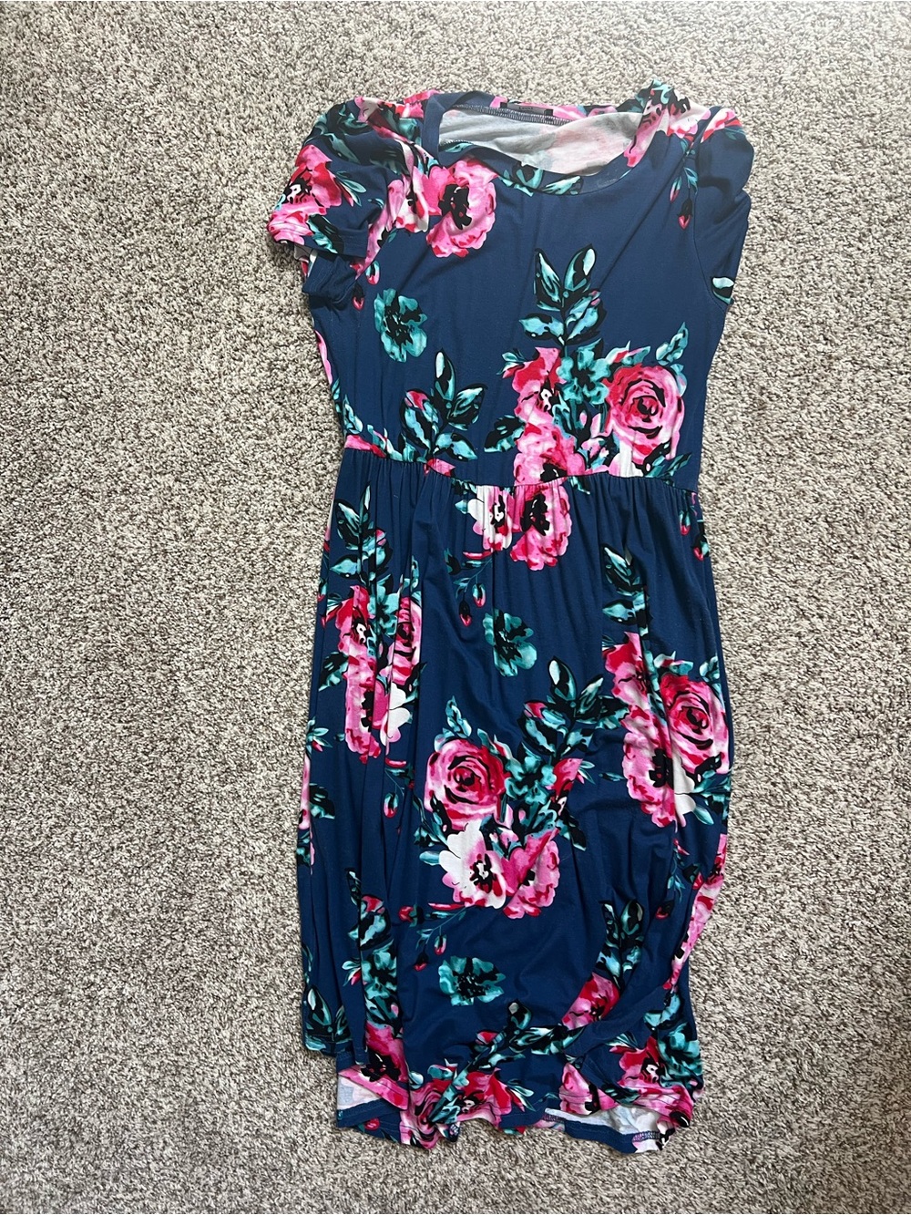 Navy Floral Midi Dress with Pink Rose Print